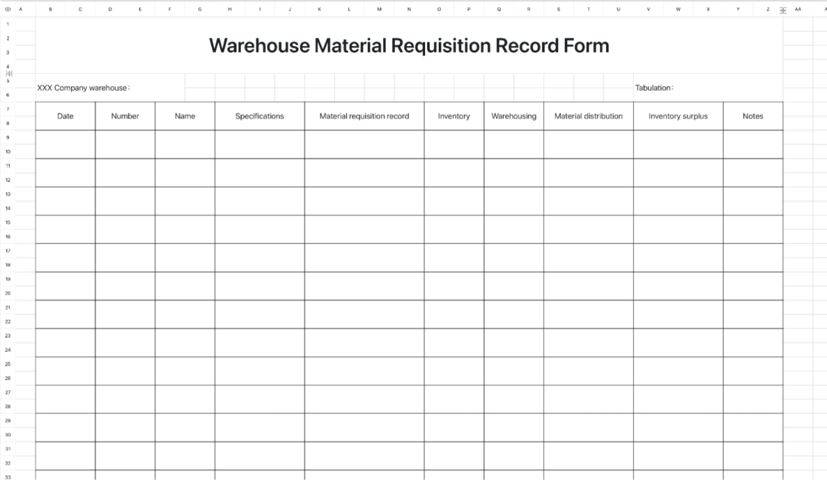 Warehouse Material Requisition Record Form